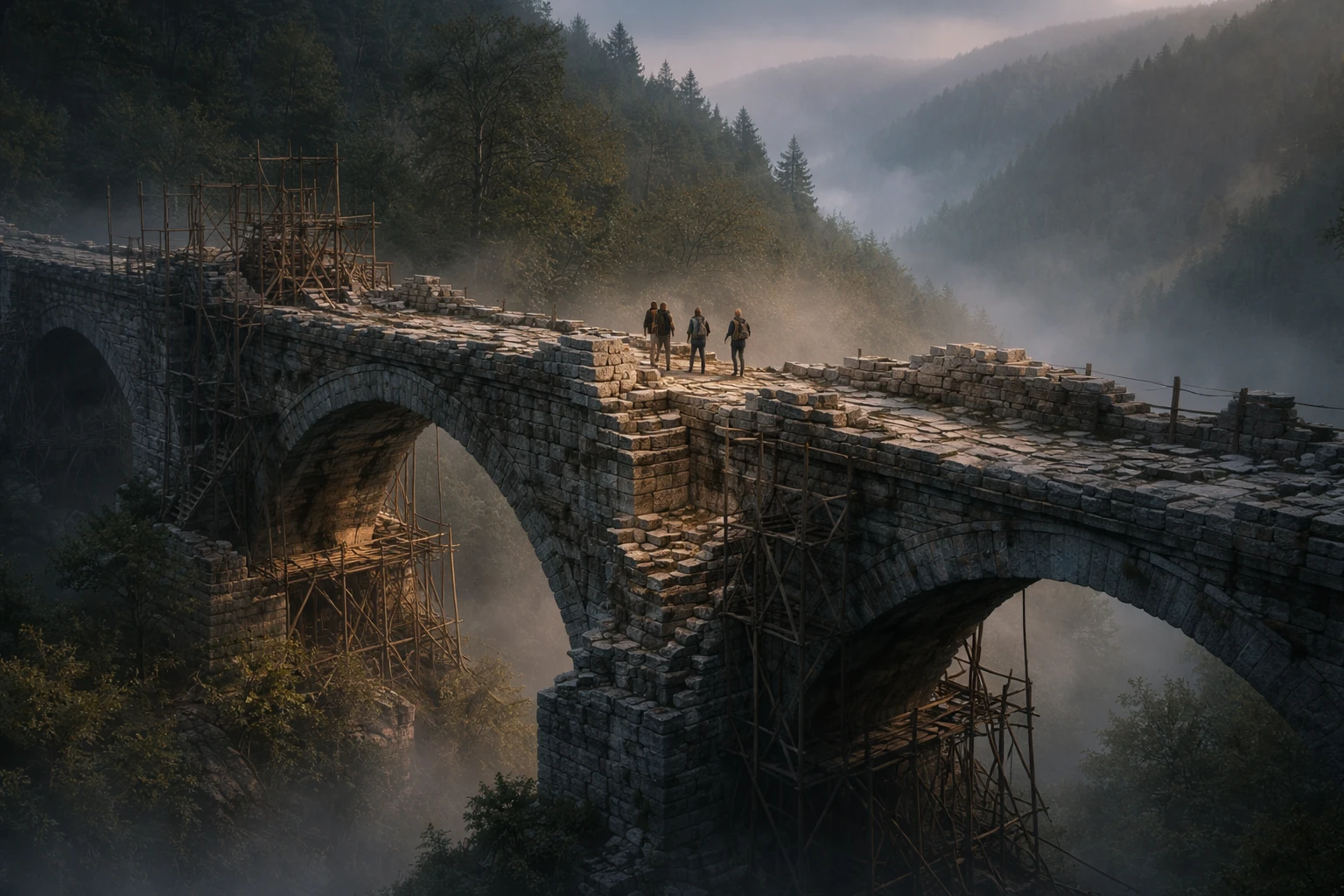 A partially reconstructed stone bridge under strain, with visible repairs and cautious movement across it.