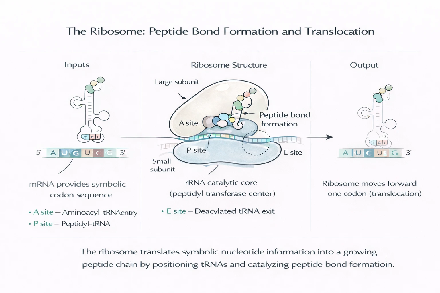 Ribosome elongation cycle showing A site tRNA entry, P site peptide bond formation, and E site deacylated tRNA exit during translocation